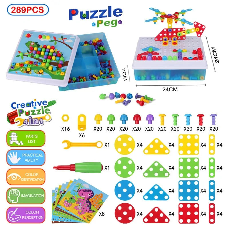 3D Mosaic Puzzle Building Bricks with Drilling Screw Toys for Children